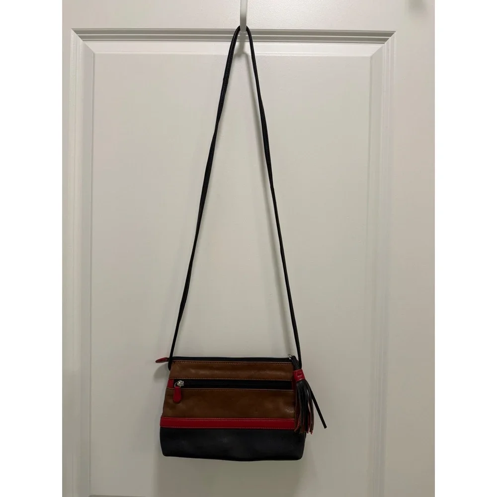 ili‎ New York Genuine Leather Colorblock Crossbody Bag Brown Red Black Tassel